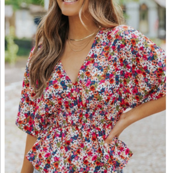 Magnolia Tops - Magnolia Multicolor Floral V-Neck Puff Sleeve Blouse